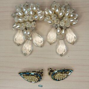Bundle of 2 Vintage 80's 90s Clip-On Earrings: Gold Aqua Pearl & Dangling Beaded